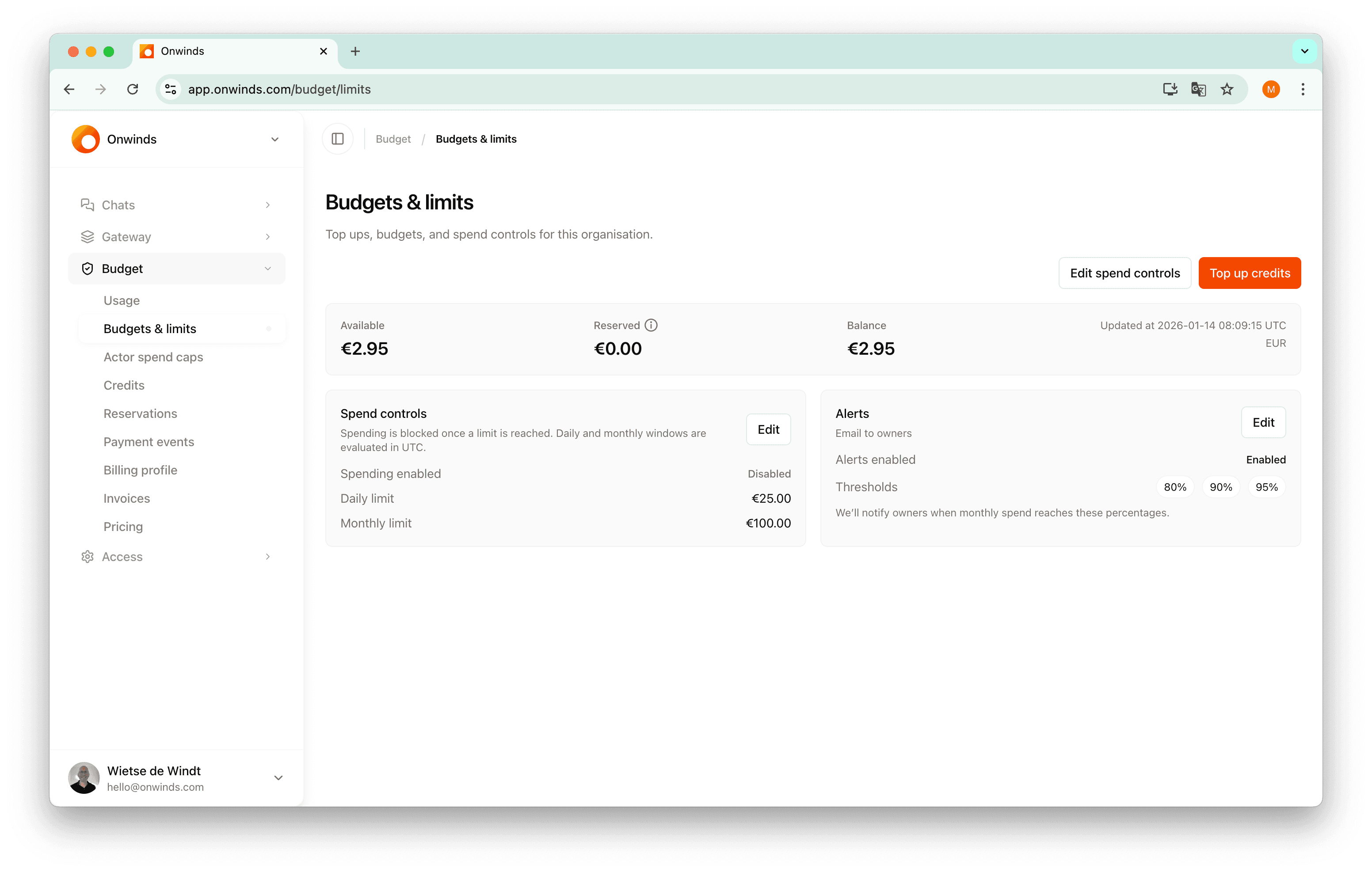 Onwinds budgets (light mode) screenshot