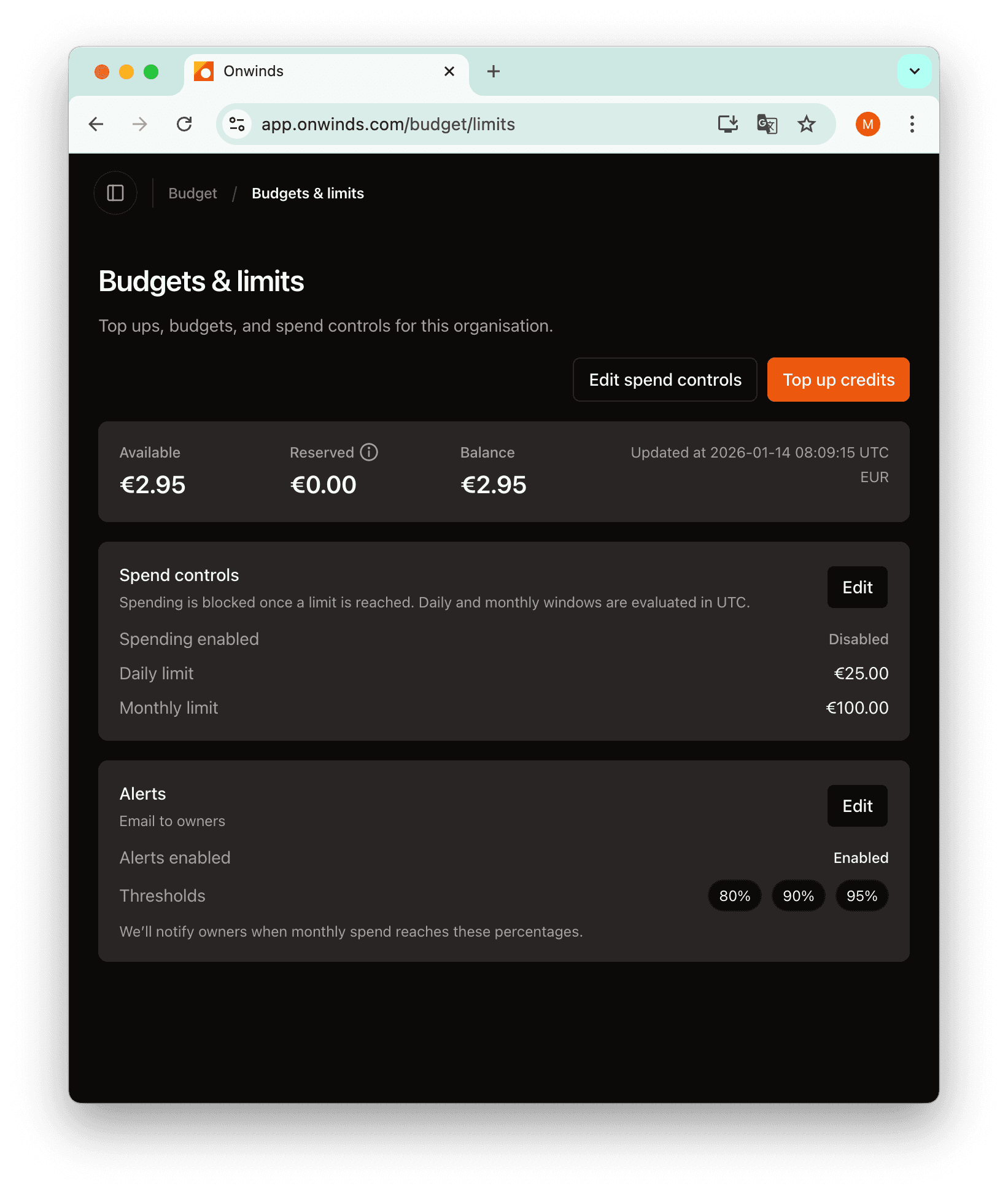 Onwinds budgets (dark mode) screenshot
