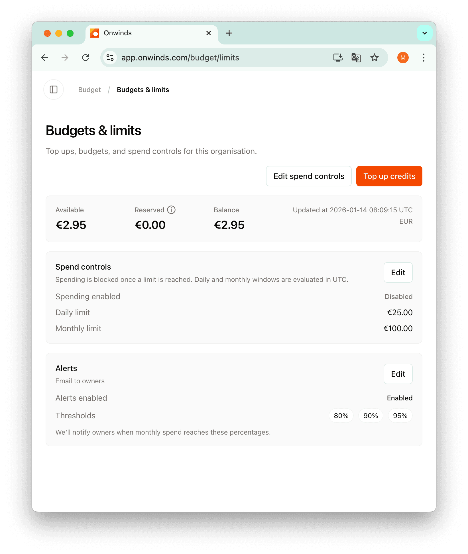 Onwinds budgets (light mode) screenshot