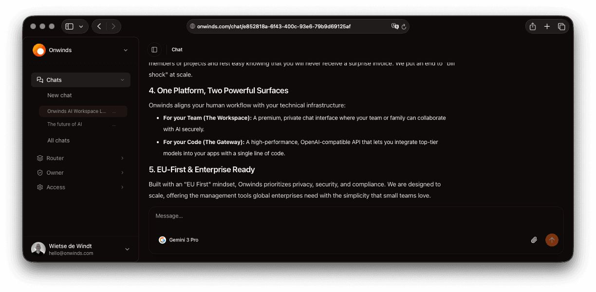 Onwinds workspace (dark mode) screenshot